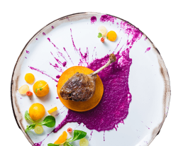 Restaurant pest control plate of food bright colored 6 Plated gourmet dish featuring a golden round potato, a piece of meat on a bone, and vibrant purple sauce with garnishes, representing the importance of cleanliness and presentation in restaurant pest control services.